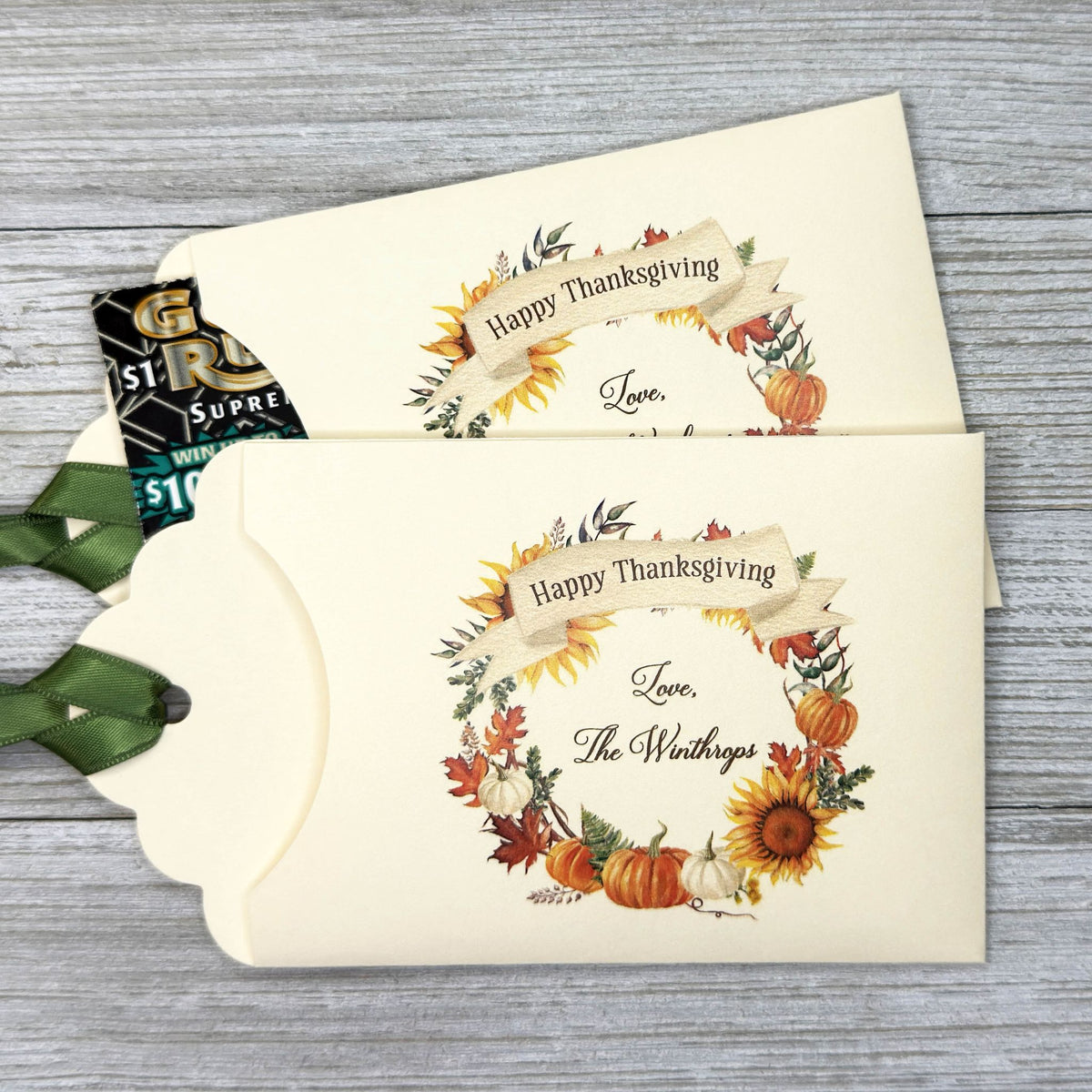 Personalized - Fun  Friendsgiving Favors printed on ivory card stock with ribbon which comes attached.  Fun favors for your Thanksgiving table, slide a lotto ticket in each one to see who wins. 