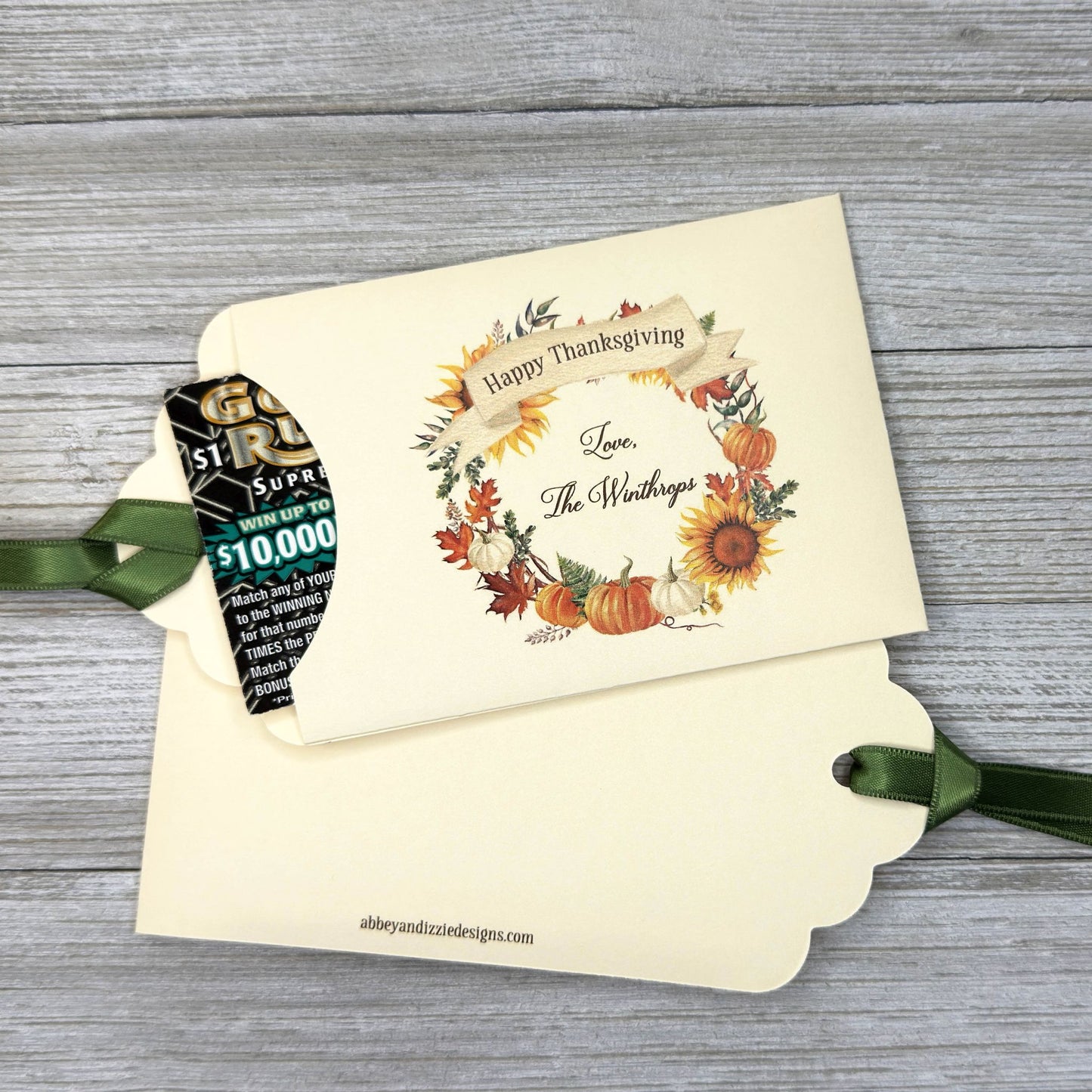 Personalized - Fun  Friendsgiving Favors printed on ivory card stock with ribbon which comes attached.  Fun favors for your Thanksgiving table, slide a lotto ticket in each one to see who wins. 