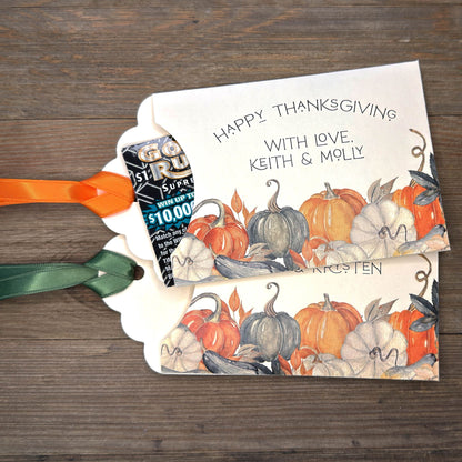 Personalized Thanksgiving Table or Friendsgiving Favors ship assembled and ready for the day.  Printed on ivory cardstock with fall accents and  orange or moss green ribbon which comes attahced.  These Thanksgiving Dinner Favors are sure to add some fun to the Holiday.