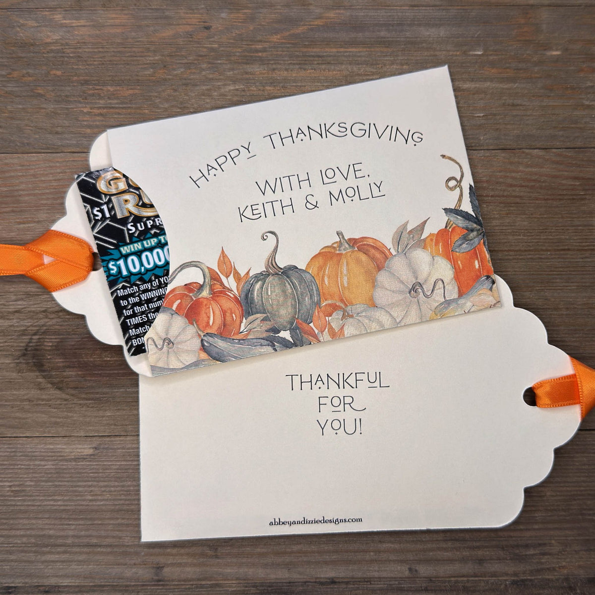 Personalized Thanksgiving Table or Friendsgiving Favors ship assembled and ready for the day.  Printed on ivory cardstock with fall accents and  orange or moss green ribbon which comes attahced.  These Thanksgiving Dinner Favors are sure to add some fun to the Holiday.