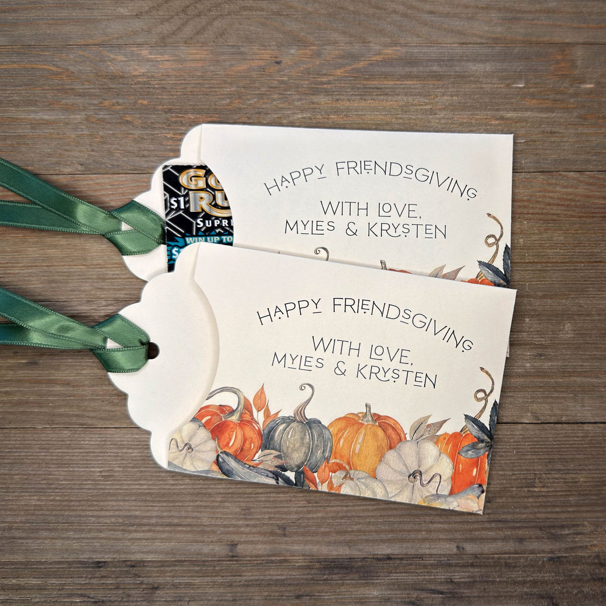 Personalized Thanksgiving Table or Friendsgiving Favors ship assembled and ready for the day.  Printed on ivory cardstock with fall accents and  orange or moss green ribbon which comes attahced.  These Thanksgiving Dinner Favors are sure to add some fun to the Holiday.