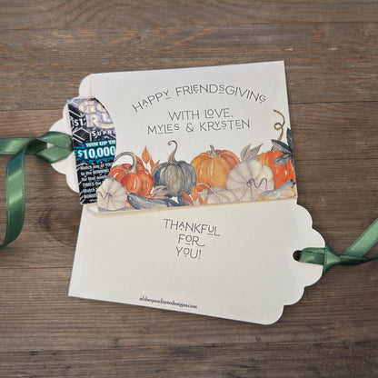 Personalized Thanksgiving Table or Friendsgiving Favors ship assembled and ready for the day.  Printed on ivory cardstock with fall accents and  orange or moss green ribbon which comes attahced.  These Thanksgiving Dinner Favors are sure to add some fun to the Holiday.