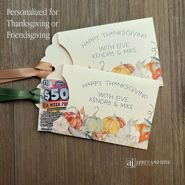 Personalized Thanksgiving Table Favors ship assembled and ready for the day.  Printed on ivory cardstock with fall accents and gold or moss green ribbon which comes attahced.  These Thanksgiving Dinner Favors are sure to add some fun to the Holiday.
