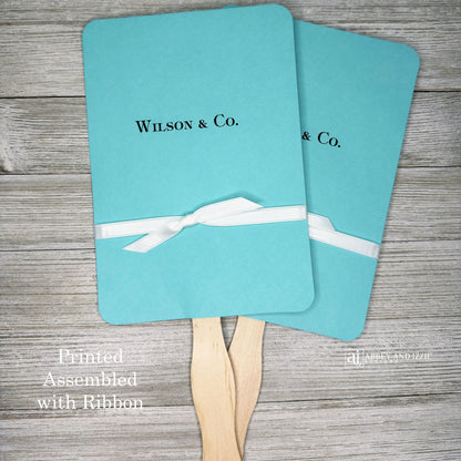 An elegant take on the hand fan , these Aqua Wedding Fans with Ribbon are sure to be appreciated on that hot sunny day.  Personalized with couples last name & Co.  White ribbon is included and comes attached.  Fans for Tiffany.