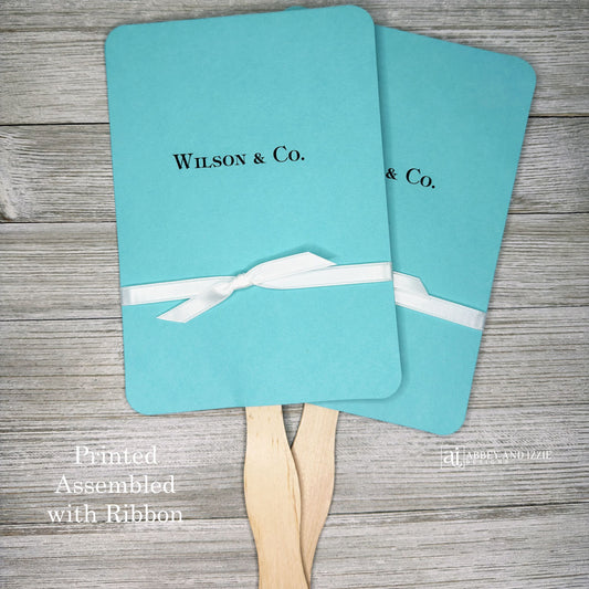 An elegant take on the hand fan , these Aqua Wedding Fans with Ribbon are sure to be appreciated on that hot sunny day.  Personalized with couples last name & Co.  White ribbon is included and comes attached.  Fans for Tiffany.