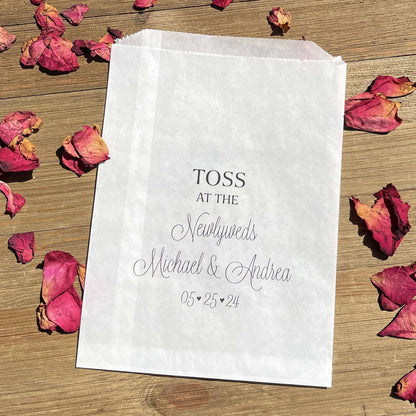 Wedding Petal Toss Bags Personalized  for the bride and groom.  Printed on glassine bags for an elegant touch.  Fill with rose petals, confetti,  flower petals, lavender or rice. Toss at the newlyweds when they exit.