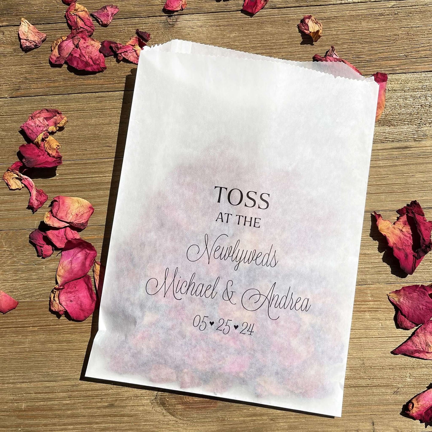 Wedding Petal Toss Bags Personalized  for the bride and groom.  Printed on glassine bags for an elegant touch.  Fill with rose petals, confetti,  flower petals, lavender or rice. Toss at the newlyweds when they exit.