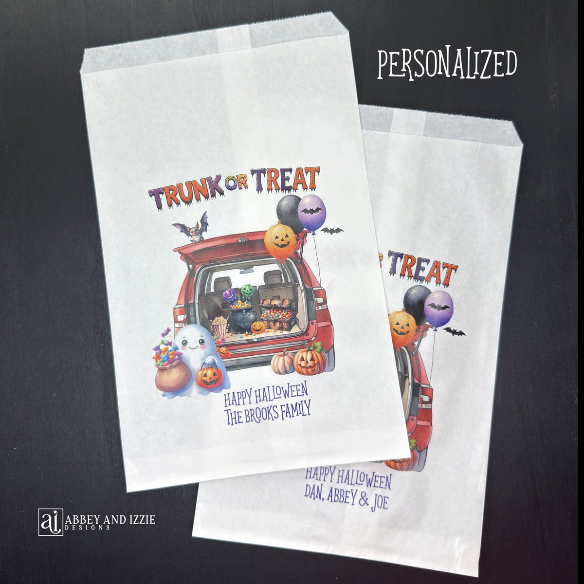 Personalize your trunk-or-treat celebration bags, make each trick-or-treater feel special. These durable, treat bags feature 'Happy Halloween' and your names, perfect for neighborhood events, school celebrations, or family gatherings.  Printed on white paper bags with Trunk or Treat at the top, a car with back open for the event.  Filled with cute Halloween decorations.  