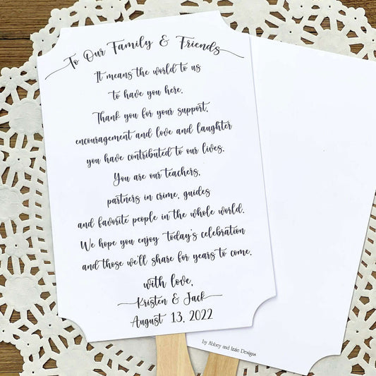 Wedding Guest Fans Personalized with this sweet saying telling your guests how much they mean to you.  Personalized fans for the bride and groom and shipped to you assembled.  