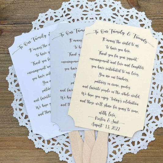 Wedding Guest Fans Personalized with this sweet saying telling your guests how much they mean to you.  Personalized fans for the bride and groom and shipped to you assembled.  