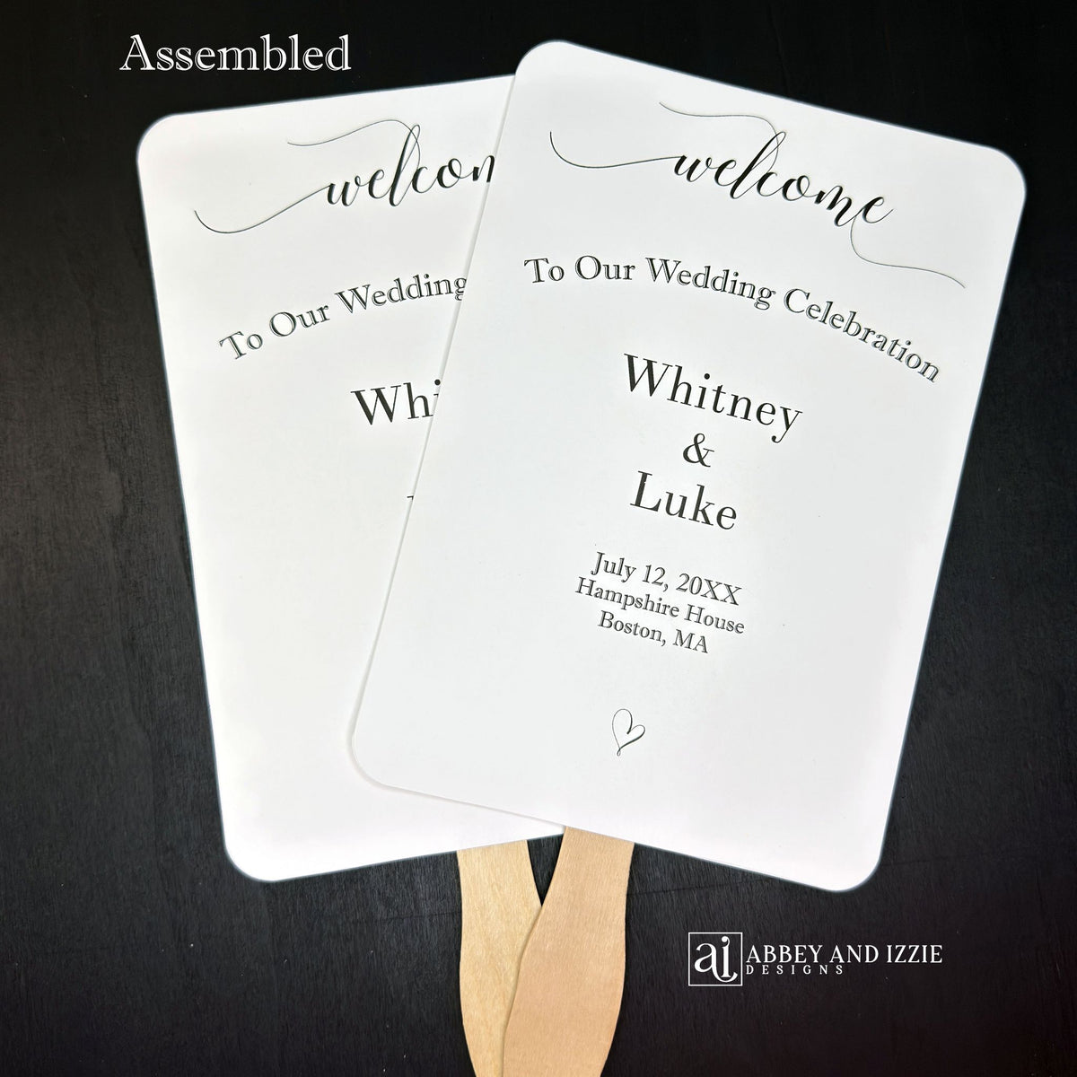 Assembled Wedding Ceremony Fans , printed on white cardstock for guests to follow the ceremony plus who's who in the wedding party.  Wedding program fans arrive to you fully assembled and ready for your special day.