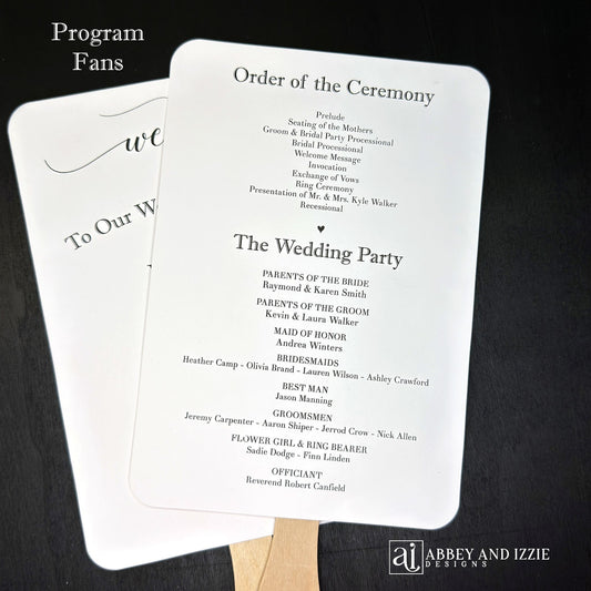 Assembled Wedding Ceremony Fans , printed on white cardstock for guests to follow the ceremony plus who's who in the wedding party.  Wedding program fans arrive to you fully assembled and ready for your special day.