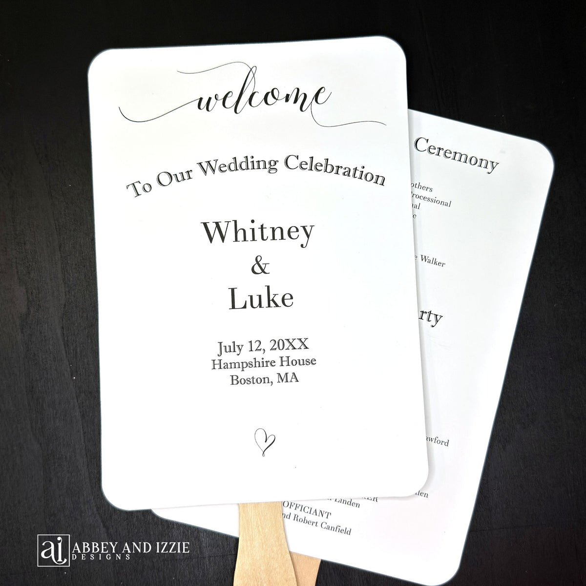 Assembled Wedding Ceremony Fans , printed on white cardstock for guests to follow the ceremony plus who's who in the wedding party.  Wedding program fans arrive to you fully assembled and ready for your special day.