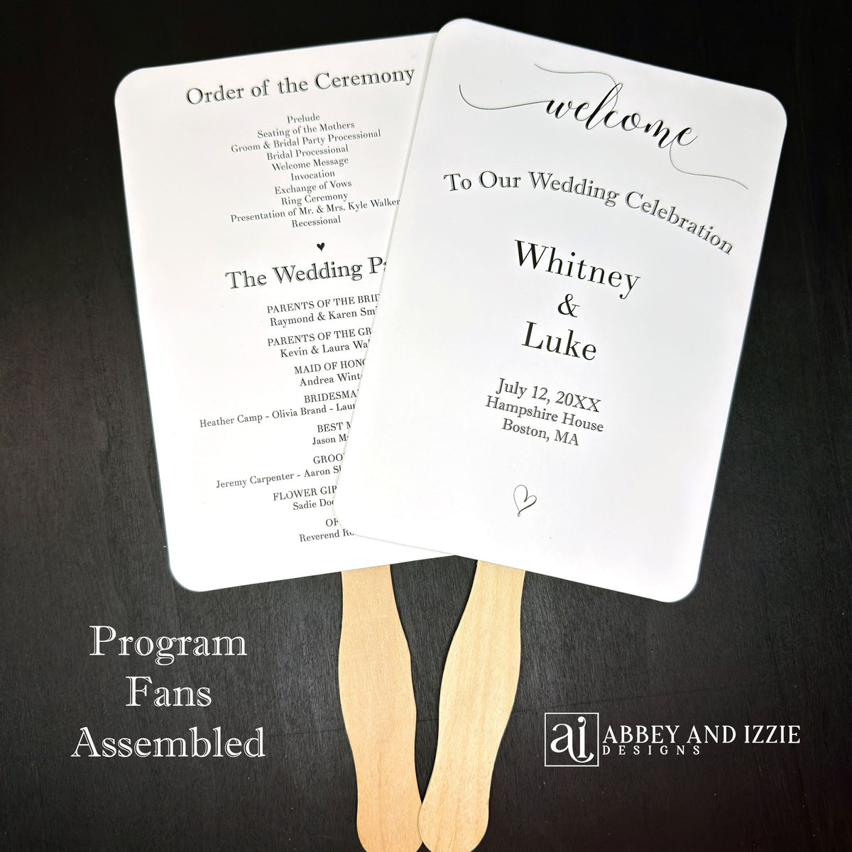 Assembled Wedding Ceremony Fans , printed on white cardstock for guests to follow the ceremony plus who's who in the wedding party.  Wedding program fans arrive to you fully assembled and ready for your special day.