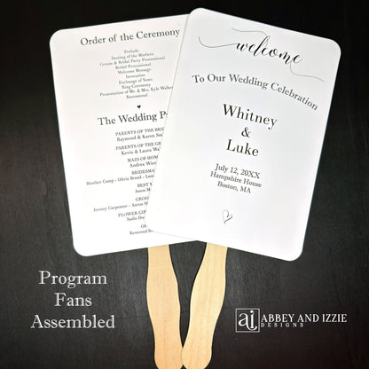 Assembled Wedding Ceremony Fans , printed on white cardstock for guests to follow the ceremony plus who's who in the wedding party.  Wedding program fans arrive to you fully assembled and ready for your special day.