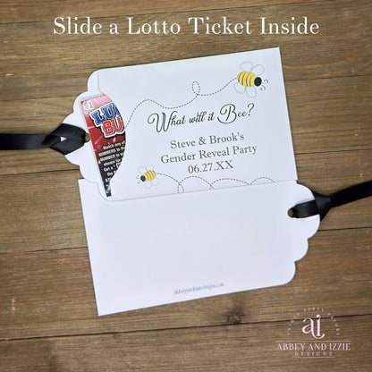Celebrate the big reveal with these charming "What will it Bee?" gender reveal favors.  Slide a scratch off ticket inside these envelopes for some exciting favors.  White cardstock envelopes with black ribbon attahced adorned with cute bees and personalized for the parents to be.