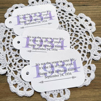 Milestone birthday favor tags, printed on white card stock adorned with a beautiful saying and the birth year.  Comes with hole punched for easy use, your choice of year color to match your party theme.  Adult favor tags to add that special touch to your guests favors.