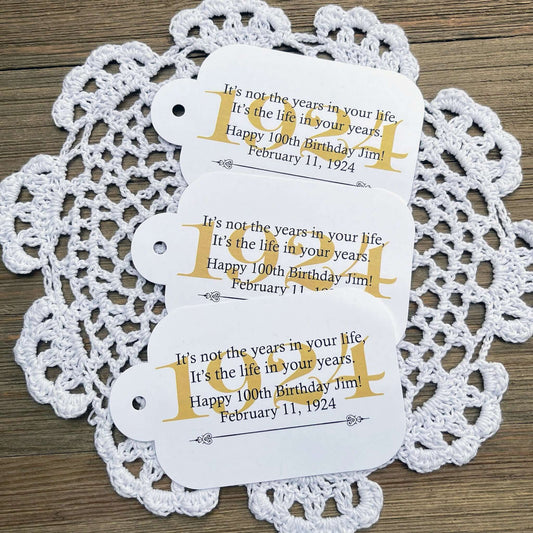 Milestone Birthday Favor Tags, printed on white card stock adorned with a beautiful saying and the birth year.  Comes with hole punched for easy use, your choice of year color to match your party theme.  Adult favor tags to add that special touch to your guests favors.
