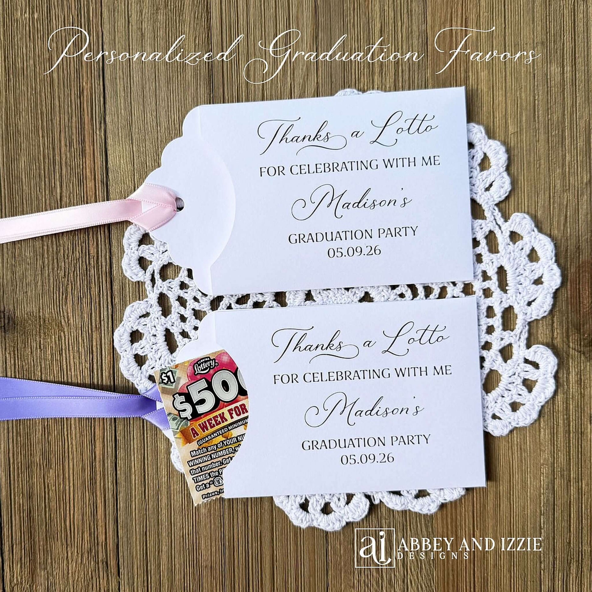 Don't settle for ordinary party favors—choose our girls graduation party favors that truly celebrate your graduate's success. Our girls graduation party favors are designed to impress guests and create lasting memories of this pivotal moment.&nbsp; Everyone will be delighted to find a scratch off lotto ticket tucked inside these adorable envelopes.&nbsp; Printed on white cardstock with your choice of ribbon color.