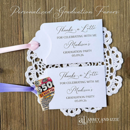 Don't settle for ordinary party favors—choose our girls graduation party favors that truly celebrate your graduate's success. Our girls graduation party favors are designed to impress guests and create lasting memories of this pivotal moment.&nbsp; Everyone will be delighted to find a scratch off lotto ticket tucked inside these adorable envelopes.&nbsp; Printed on white cardstock with your choice of ribbon color.