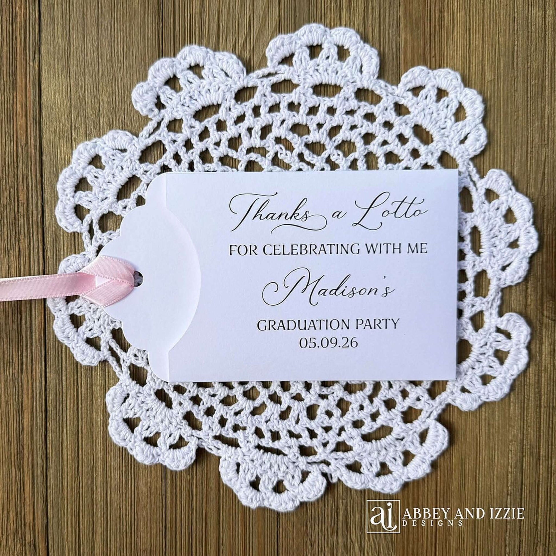 Don't settle for ordinary party favors—choose our girls graduation party favors that truly celebrate your graduate's success. Our girls graduation party favors are designed to impress guests and create lasting memories of this pivotal moment.&nbsp; Everyone will be delighted to find a scratch off lotto ticket tucked inside these adorable envelopes.&nbsp; Printed on white cardstock with your choice of ribbon color.