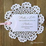 Don't settle for ordinary party favors—choose our girls graduation party favors that truly celebrate your graduate's success. Our girls graduation party favors are designed to impress guests and create lasting memories of this pivotal moment.&nbsp; Everyone will be delighted to find a scratch off lotto ticket tucked inside these adorable envelopes.&nbsp; Printed on white cardstock with your choice of ribbon color.