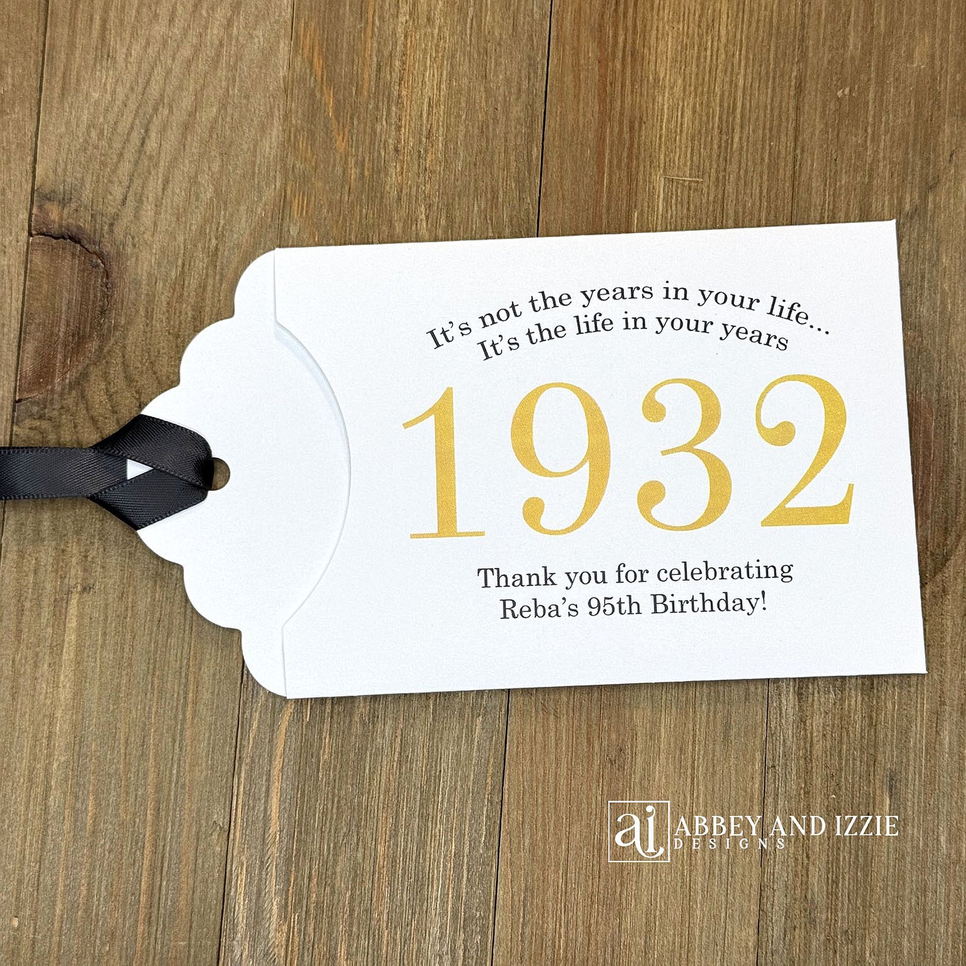 Personalized scratch-off birthday favors for adults. Each envelope features a special message with the year the guest of honor was born in color. Including a thank you for celebrating with the us. Works for milestone birthdays, adult parties, and special events see our store for more options. Constructed from white high-quality cardstock with your choice of year color and ribbon color, which comes attached.