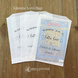 Our glassine bags are personalized and ready to slide a instant lottery ticket in for a fun and memorable wedding favor.  Each is printed with 'Wishing you a lotto love' with the bride and grooms names and wedding date.  