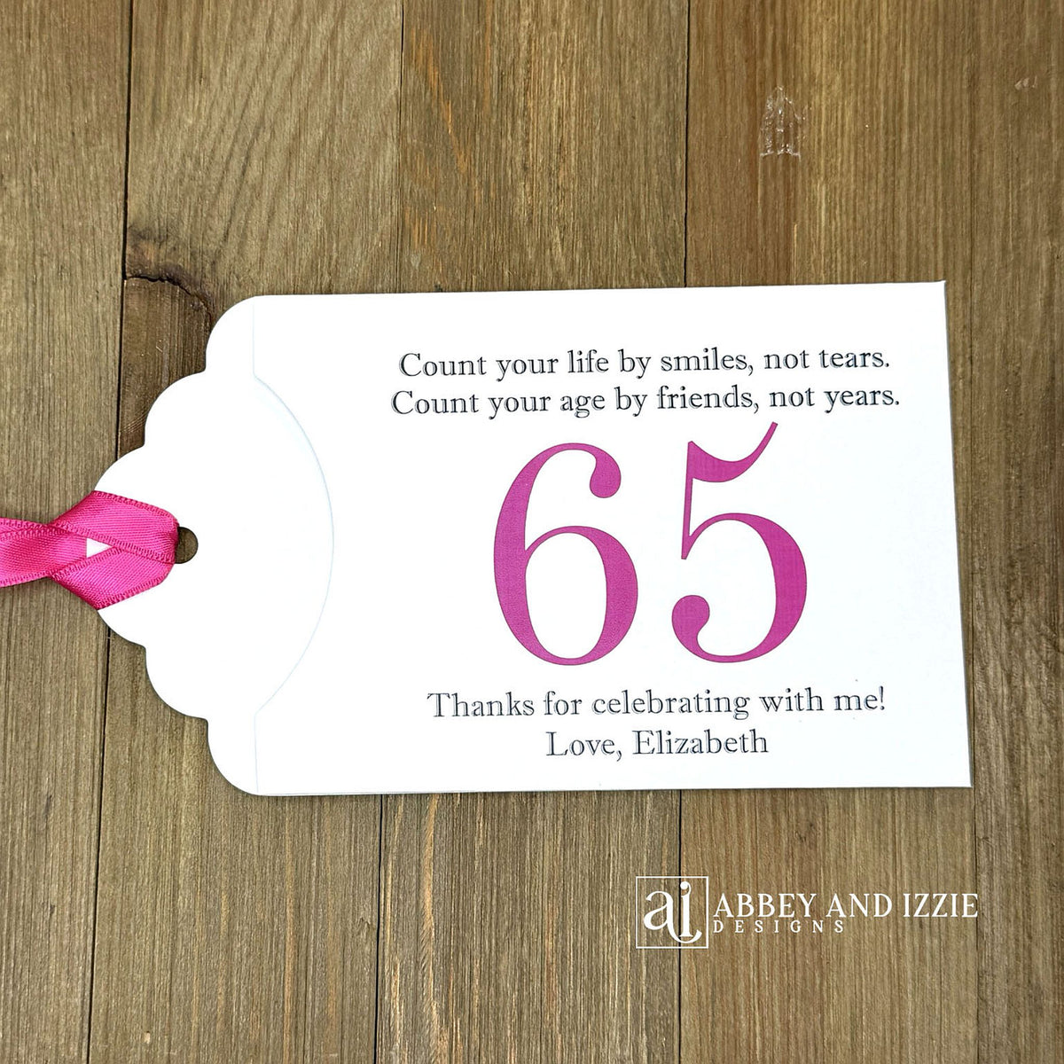 Celebrate with milestone birthday party guest favors that they will treasure. Each favor is customized with names, dates and a special messages to make your event unforgettable. Perfect for 30th, 40th, 50th, and beyond—these keepsakes add a personal touch to any milestone celebration.&nbsp; &nbsp;Printed on white cardstock with your choice of large number and ribbon color to match your party theme.