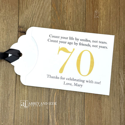 Celebrate with milestone birthday party guest favors that they will treasure. Each favor is customized with names, dates and a special messages to make your event unforgettable. Perfect for 30th, 40th, 50th, and beyond—these keepsakes add a personal touch to any milestone celebration.&nbsp; &nbsp;Printed on white cardstock with your choice of large number and ribbon color to match your party theme.