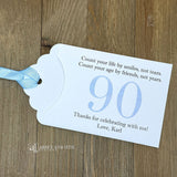 Celebrate with milestone birthday party guest favors that they will treasure. Each favor is customized with names, dates and a special messages to make your event unforgettable. Perfect for 30th, 40th, 50th, and beyond—these keepsakes add a personal touch to any milestone celebration.&nbsp; &nbsp;Printed on white cardstock with your choice of large number and ribbon color to match your party theme.