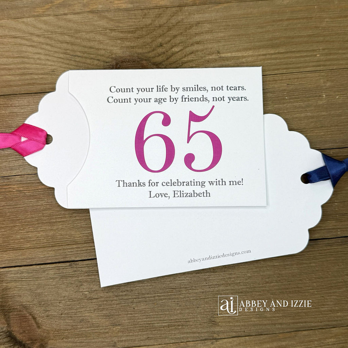 Celebrate with milestone birthday party guest favors that they will treasure. Each favor is customized with names, dates and a special messages to make your event unforgettable. Perfect for 30th, 40th, 50th, and beyond—these keepsakes add a personal touch to any milestone celebration.&nbsp; &nbsp;Printed on white cardstock with your choice of large number and ribbon color to match your party theme.