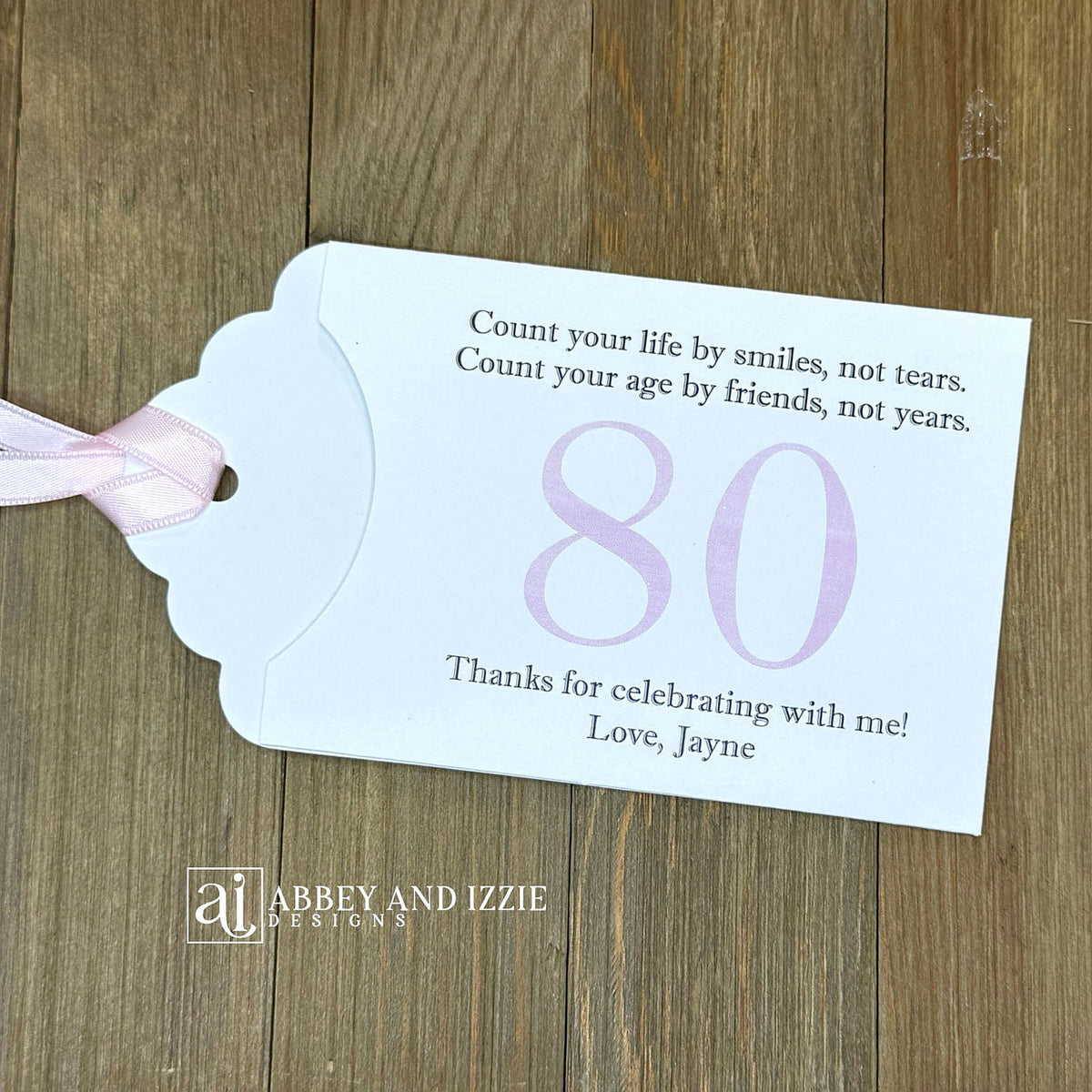 Celebrate with milestone birthday party guest favors that they will treasure. Each favor is customized with names, dates and a special messages to make your event unforgettable. Perfect for 30th, 40th, 50th, and beyond—these keepsakes add a personal touch to any milestone celebration.&nbsp; &nbsp;Printed on white cardstock with your choice of large number and ribbon color to match your party theme.