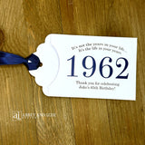 Personalized scratch-off birthday favors for adults. Each envelope features a special message with the year the guest of honor was born in color. Including a thank you for celebrating with the us. Works for milestone birthdays, adult parties, and special events see our store for more options. Constructed from white high-quality cardstock with your choice of year color and ribbon color, which comes attached.
