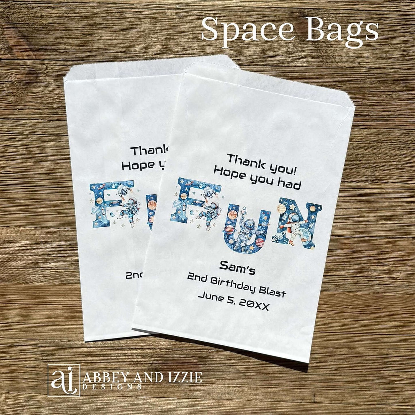Blast off into party perfection with these Space Birthday Favor Bags! Designed to delight young astronauts and space enthusiasts, each bag features vibrant cosmic imagery including planets, stars, and rockets. Perfect for filling with small toys, candy, or treats, these favor bags add an out-of-this-world touch to any birthday celebration. Printed on white bags and personalized for the guest of honor.  Text 'Thank you!  Hope you had FUN'.