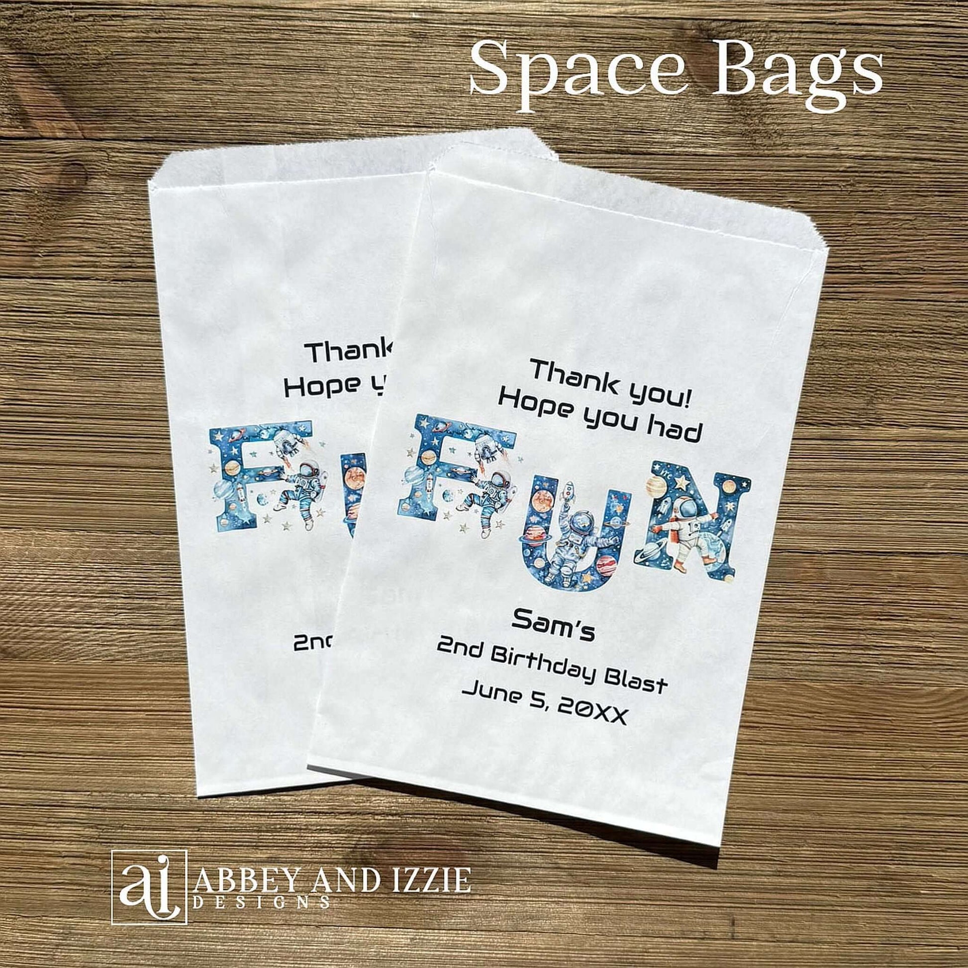 Blast off into party perfection with these Space Birthday Favor Bags! Designed to delight young astronauts and space enthusiasts, each bag features vibrant cosmic imagery including planets, stars, and rockets. Perfect for filling with small toys, candy, or treats, these favor bags add an out-of-this-world touch to any birthday celebration. Printed on white bags and personalized for the guest of honor.  Text 'Thank you!  Hope you had FUN'.
