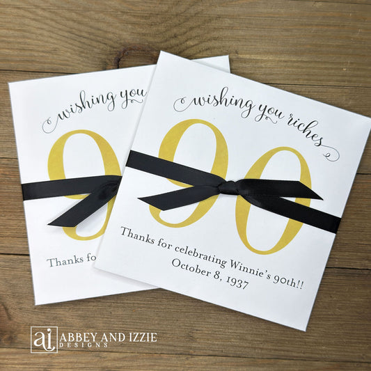 Our Unique Personalized Adult Birthday Party Guest Favors are a fun and easy, Slide a scratch card ticket inside and see who wins. Shown here in fun colors your choice of numbr color and ribbon color to match your party theme. These custom lottery ticket envelopes measure 5" x 5" and can also be made for any birthday, 50th, 60th, 70th or even 80th birthday. These are also great for bridal showers, wedding favor or engagement parties, see our store for more designs. 