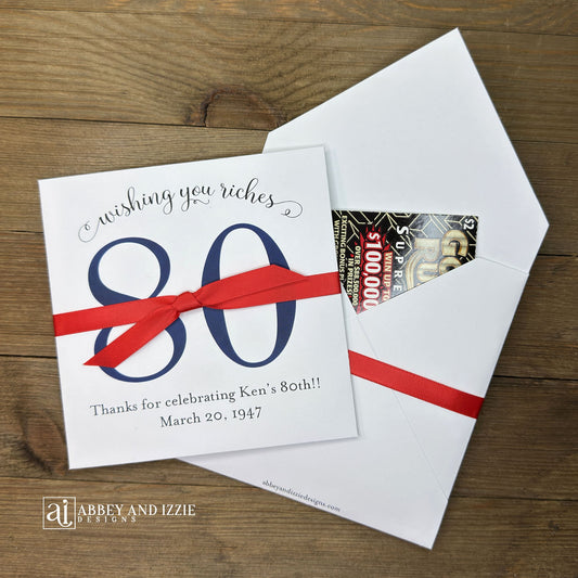 Our Unique Personalized Adult Birthday Party Guest Favors are a fun and easy.&nbsp; Slide a scratch card ticket inside and see who wins.&nbsp; Shown here in fun colors your choice of numbr color and ribbon color to match your party theme. These custom lottery ticket envelopes measure 5" x 5" and can also be made for any birthday, 50th, 60th, 70th or even 80th birthday. These are also great for bridal showers, wedding favor or engagement parties, see our store for more designs. 