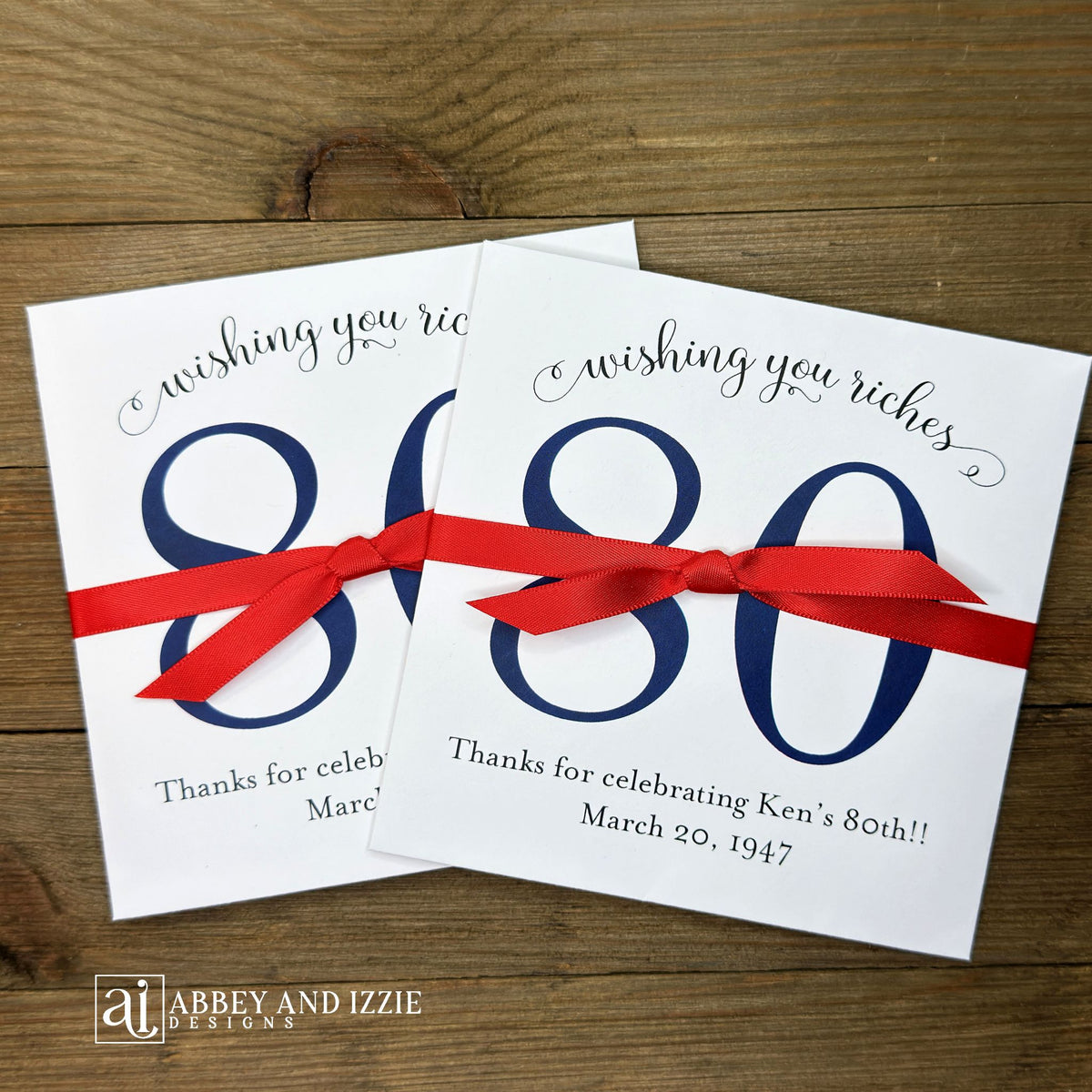 Our Unique Personalized Adult Birthday Party Guest Favors are a fun and easy, Slide a scratch card ticket inside and see who wins. Shown here in fun colors your choice of numbr color and ribbon color to match your party theme. These custom lottery ticket envelopes measure 5" x 5" and can also be made for any birthday, 50th, 60th, 70th or even 80th birthday. These are also great for bridal showers, wedding favor or engagement parties, see our store for more designs. 