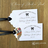 Pink Bow Bridal Shower Guest Favors,&nbsp; Celebrate your bride-to-be with these charming&nbsp; favors that guests will adore&nbsp; Each favor can be customized with names, date, She's Tying the Knot, Hope you hit the Jackpot.&nbsp; Printed on white card stock,&nbsp; your choice of pink or black bow.