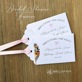 Pink Bow Bridal Shower Guest Favors,&nbsp; Celebrate your bride-to-be with these charming&nbsp; favors that guests will adore&nbsp; Each favor can be customized with names, date, She's Tying the Knot, Hope you hit the Jackpot.&nbsp; Printed on white card stock,&nbsp; your choice of pink or black bow.