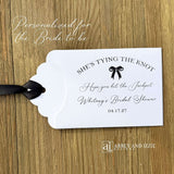 Pink Bow Bridal Shower Guest Favors,&nbsp; Celebrate your bride-to-be with these charming&nbsp; favors that guests will adore&nbsp; Each favor can be customized with names, date, She's Tying the Knot, Hope you hit the Jackpot.&nbsp; Printed on white card stock,&nbsp; your choice of pink or black bow.