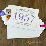 Personalized scratch-off birthday favors for adults. Each envelope features a special message with the year the guest of honor was born in color. Including a thank you for celebrating with the us. Works for milestone birthdays, adult parties, and special events see our store for more options. Constructed from white high-quality cardstock with your choice of year color and ribbon color, which comes attached.