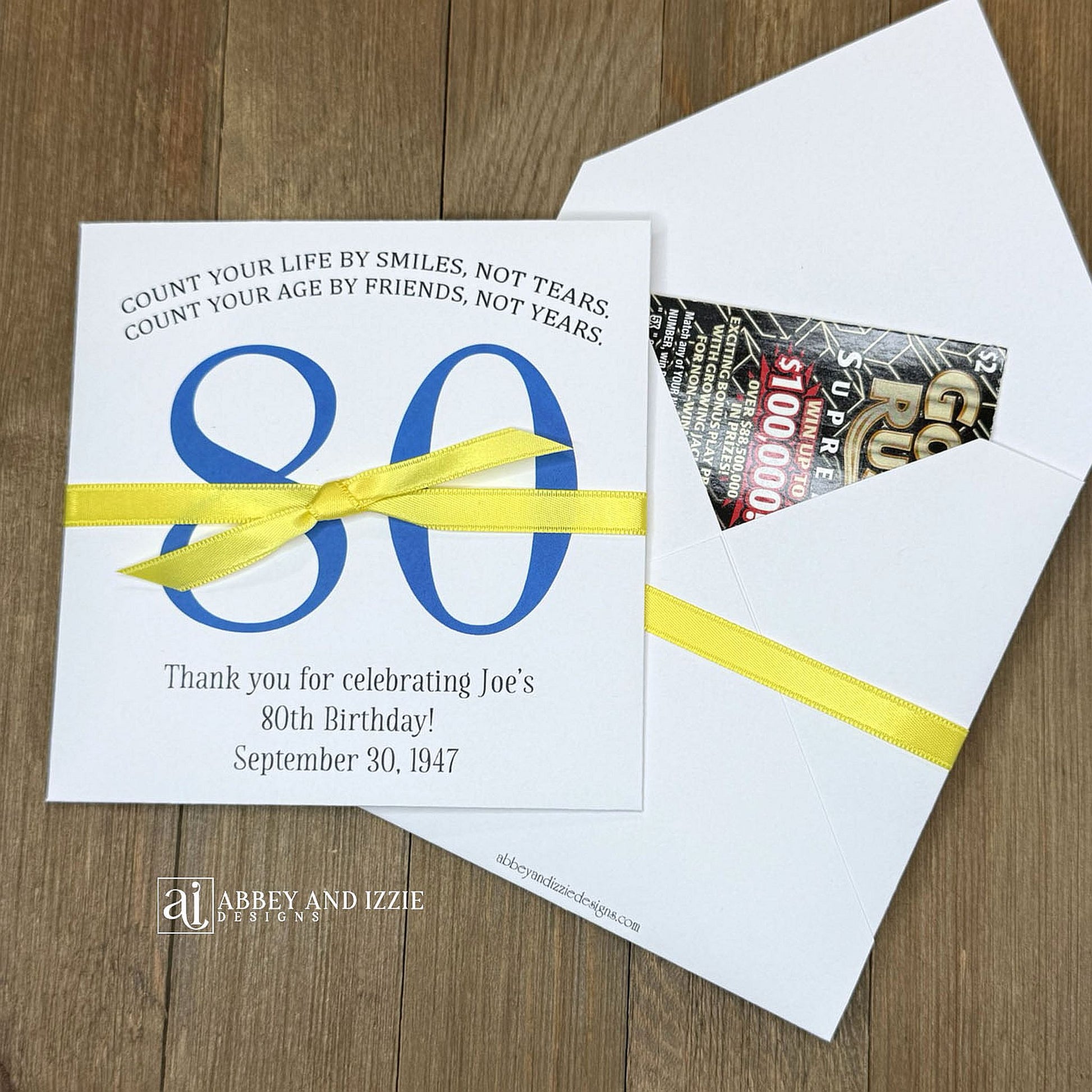 Scratch Off Birthday Party Favors add an interactive element to your celebration. Guests will find a scratch off ticket tucked inside—perfect for keeping everyone entertained. Ideal for birthday parties of any size, these customizable favors work as icebreakers or thank-you gifts. Printed on durable white cardstock ensures they hold up through the party. Personalize with names, date, and a sweet message.&nbsp; Choice of birthday number color and ribbon color to match your party theme.