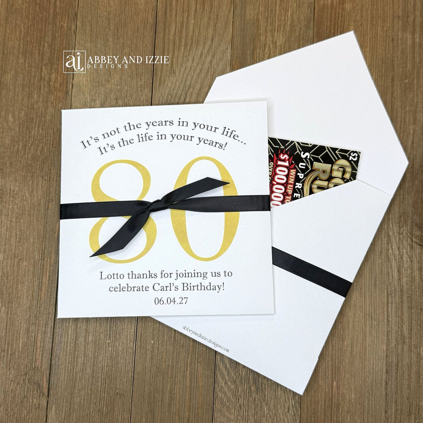 Reveal the fun with scratch-off birthday party favors that double as entertainment and keepsakes; Slide open the back side and enclose scratch off ticket for each guest, a fun and interactive party favor. Ideal for milestone birthdays, personalize with names, date and sweet message Each envelope is printed on sturdy white cardstock with your choice of number and ribbon color to match you party theme. Shipped to you assembled with ribbon. Scratch off tickets are NOT included.