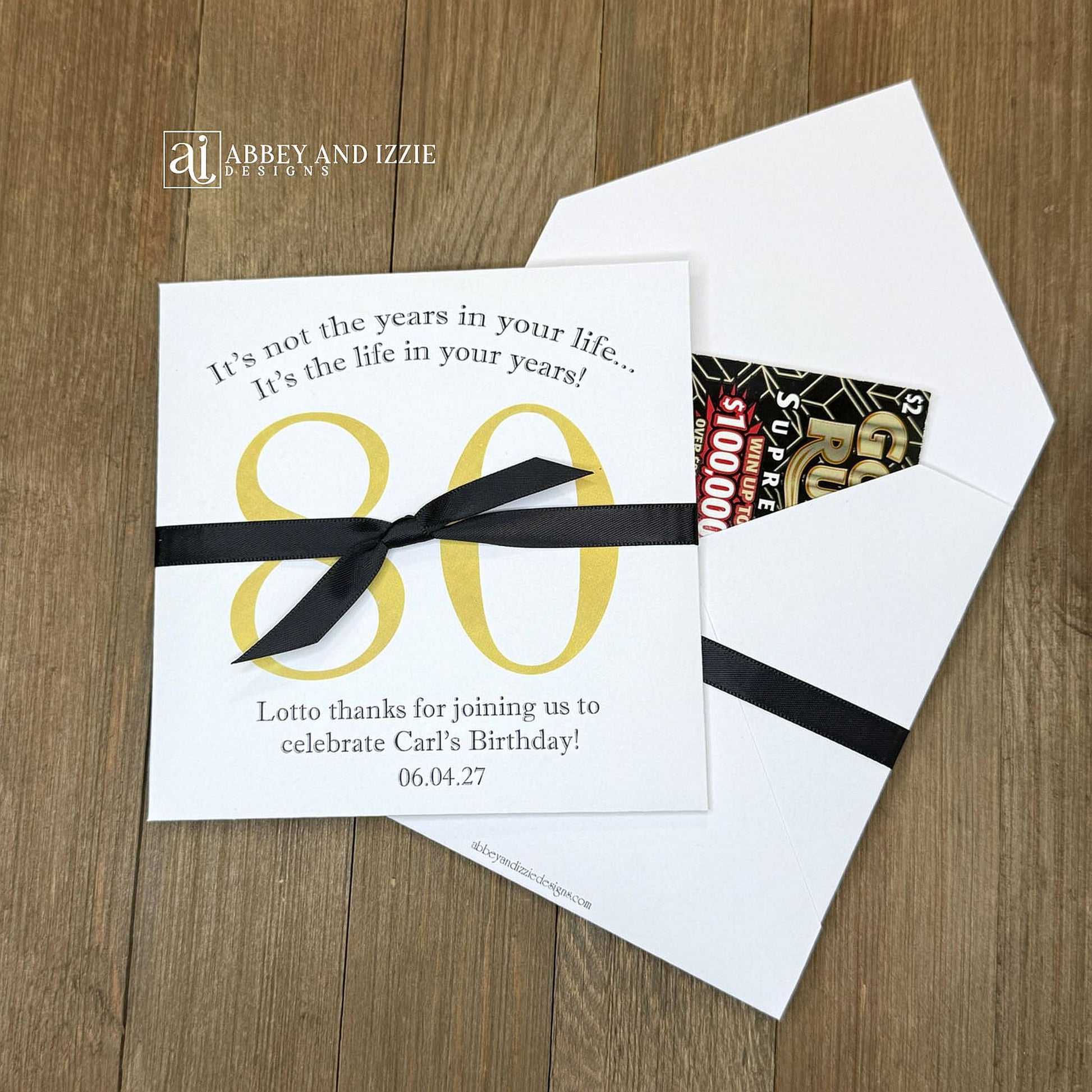 Reveal the fun with scratch-off birthday party favors that double as entertainment and keepsakes; Slide open the back side and enclose scratch off ticket for each guest, a fun and interactive party favor. Ideal for milestone birthdays, personalize with names, date and sweet message Each envelope is printed on sturdy white cardstock with your choice of number and ribbon color to match you party theme. Shipped to you assembled with ribbon. Scratch off tickets are NOT included.