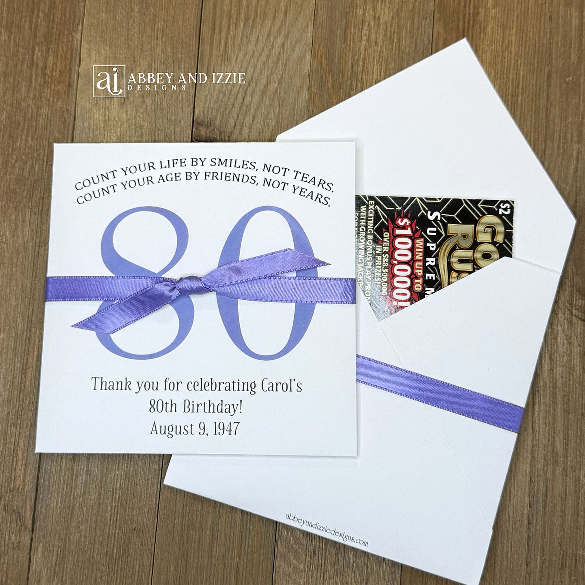 Scratch Off Birthday Party Favors add an interactive element to your celebration. Guests will find a scratch off ticket tucked inside—perfect for keeping everyone entertained. Ideal for birthday parties of any size, these customizable favors work as icebreakers or thank-you gifts. Printed on durable white cardstock ensures they hold up through the party. Personalize with names, date, and a sweet message.&nbsp; Choice of birthday number color and ribbon color to match your party theme.
