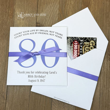 Scratch Off Birthday Party Favors add an interactive element to your celebration. Guests will find a scratch off ticket tucked inside—perfect for keeping everyone entertained. Ideal for birthday parties of any size, these customizable favors work as icebreakers or thank-you gifts. Printed on durable white cardstock ensures they hold up through the party. Personalize with names, date, and a sweet message.&nbsp; Choice of birthday number color and ribbon color to match your party theme.