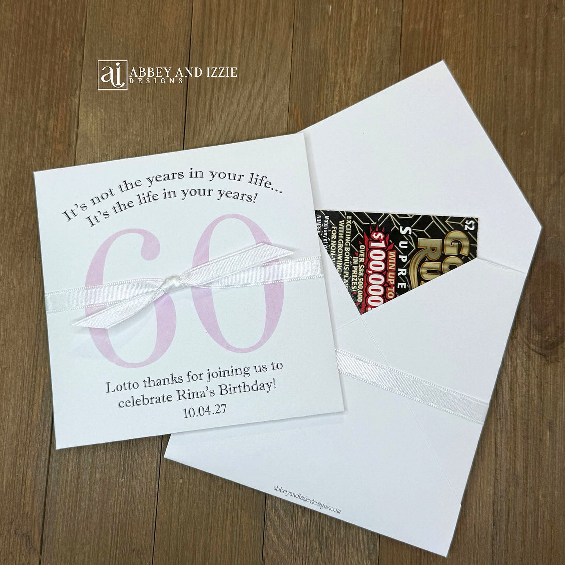 Reveal the fun with scratch-off birthday party favors that double as entertainment and keepsakes; Slide open the back side and enclose scratch off ticket for each guest, a fun and interactive party favor. Ideal for milestone birthdays, personalize with names, date and sweet message Each envelope is printed on sturdy white cardstock with your choice of number and ribbon color to match you party theme. Shipped to you assembled with ribbon. Scratch off tickets are NOT included.