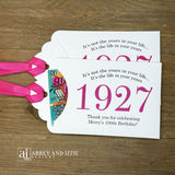 Our 100th birthday party favors are personalized for the guest of honor, your choice of ribbon color and year color. Always a fun ice breaker, slide a scratch off ticket in and see who is the winner! Each 100th birthday favor comes with the year the honoree was born printed in the center with 'It's not the years in your life...it's the life in your years' and happy birthday to the guest of honor. These can be made for any birthday year, 50th, 60th, 70th, 100th your choice. 100th Birthday Party Favors